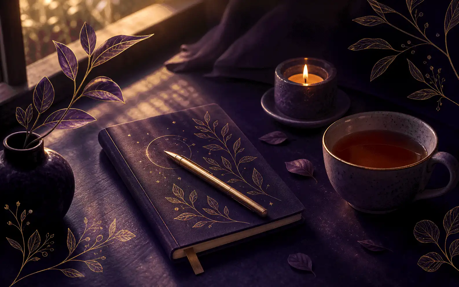Cuaderno, té y rutina calma para hábitos de bienestar